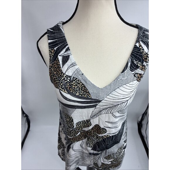 Chico's Womens Size S Sleeveless V Neck Top Leaf Animal Print Stretch Tank - Picture 2 of 6